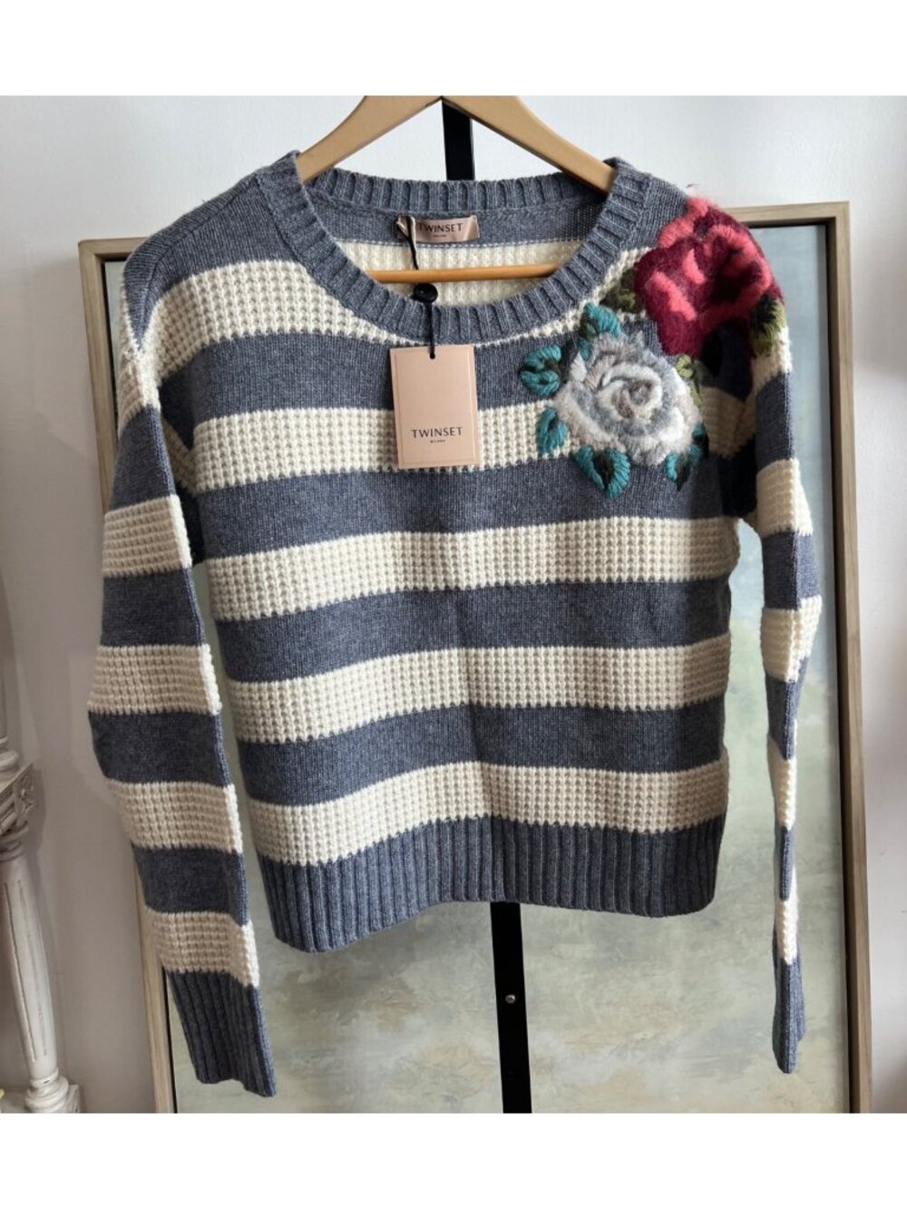 Twinset Milano Maglia Striped Sweater Size Small Floral Embroidered